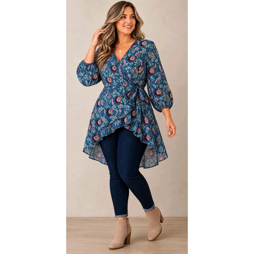 Torrid Size 2 Floral Wrap Tunic Blouse Ruffle Hi Low Boho 3/4 Sleeve Blue